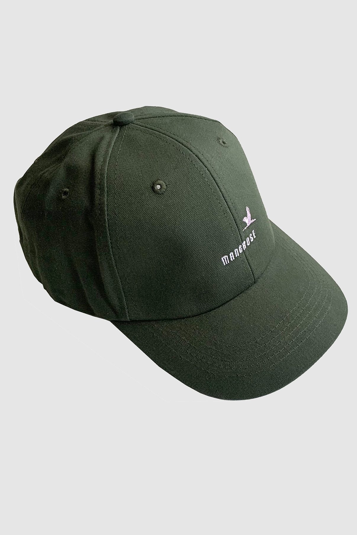 Casquette verte Mangrose avec oiseau rose vue de gauche