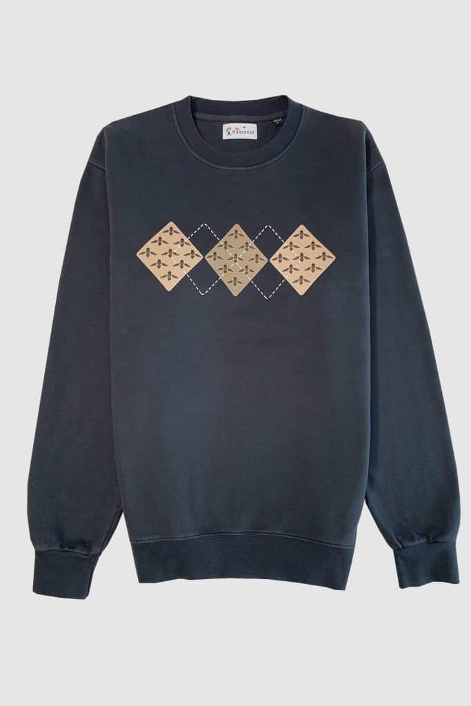 Sweat-shirt éco-responsable premium bleu marine avec design unique losange et abeille style preppy
