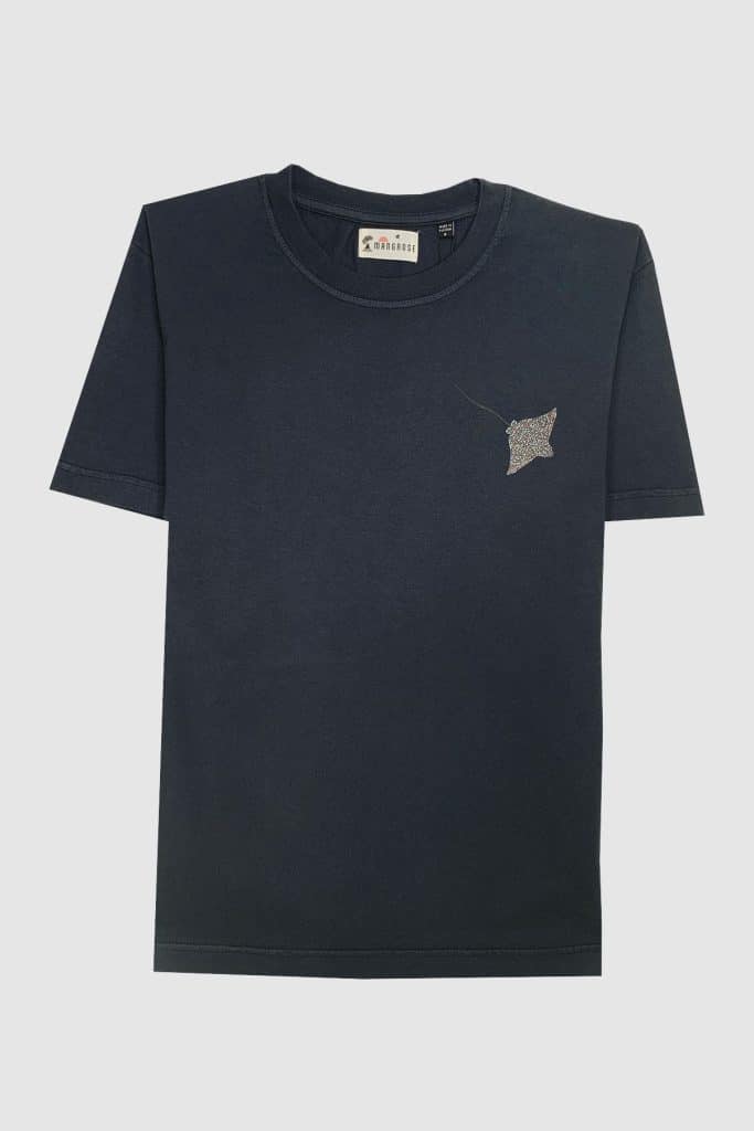 T-shirt en coton bio bleu marine avec motif raie Design unique et original, Série limitée Mangrose