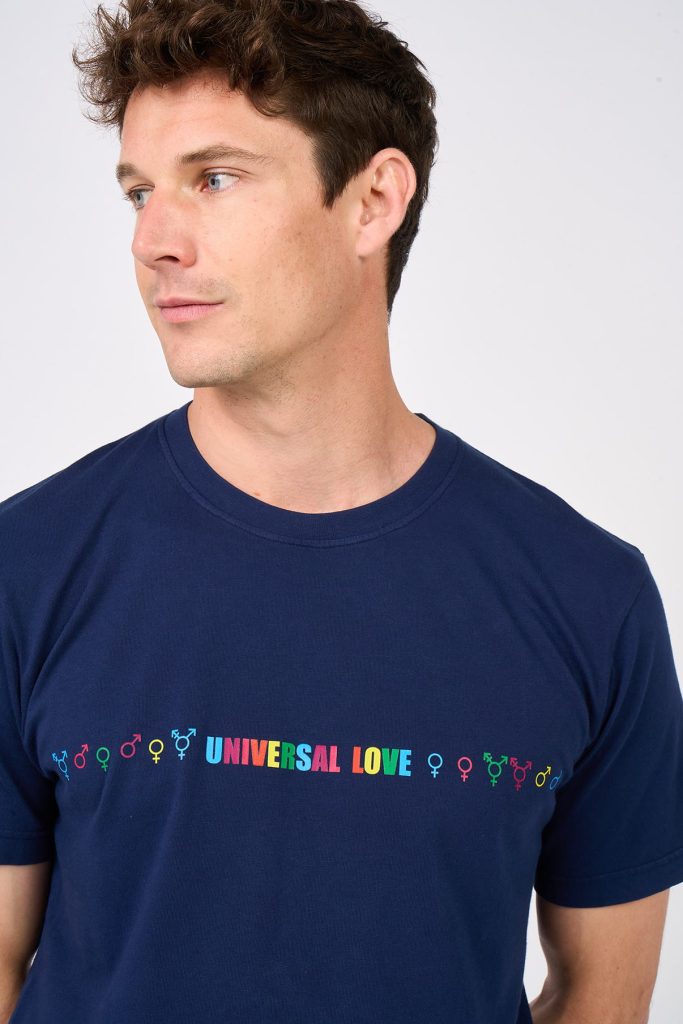Midnight blue t-shirt with rainbow Universal Love print worn by male model